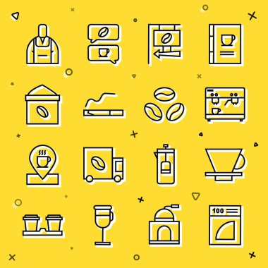 Set line Coffee paper filter V60 coffee maker machine Street signboard Cigarette Bag beans Barista and icon. Vector.