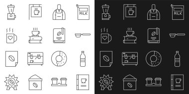 Set line Coffee book Bottle water filter holder Barista cup and heart Electric coffee grinder and icon. Vector.