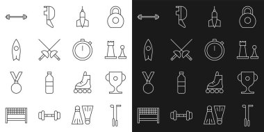 Set line Golf club Award cup Chess Dart arrow Fencing Surfboard Barbell and Stopwatch icon. Vector.