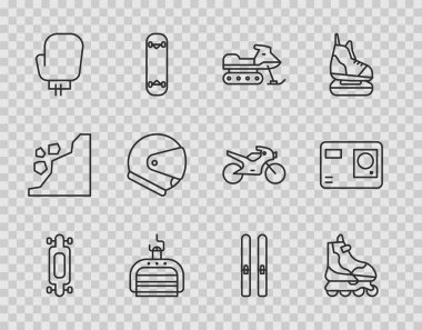 Set line Longboard or skateboard Roller Snowmobile Ski lift Boxing glove Helmet and sticks and Action extreme camera icon. Vector.