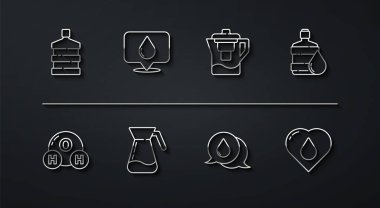 Set line Big bottle with clean water Chemical formula for H2O Water drop speech bubbles Jug glass location Heart and jug filter icon. Vector.