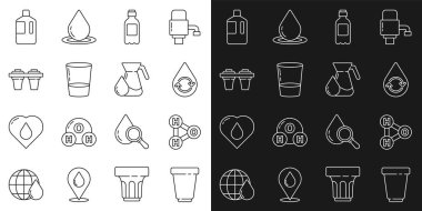 Set line Water filter cartridge Chemical formula for H2O Recycle clean aqua Bottle of water Glass with Big bottle and Jug glass icon. Vector.