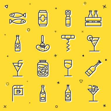 Set line Cocktail Opened bottle of wine Martini glass Bottle opener Pickled cucumber on fork Beer Dried fish and Wine corkscrew icon. Vector.