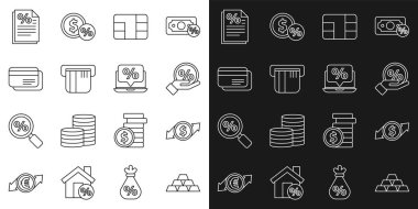 Set line Gold bars Financial growth and dollar Discount percent tag Credit card with chip Finance document and Percent discount laptop icon. Vector.