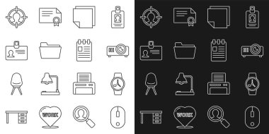 Set line Computer mouse Wrist watch Movie film media projector Post note stickers Document folder Identification badge Head hunting concept and Spiral notebook icon. Vector.