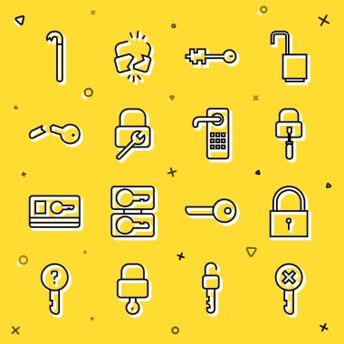 Set line Wrong key Lock picks for lock picking Old repair Broken Crowbar and Digital door icon. Vector.