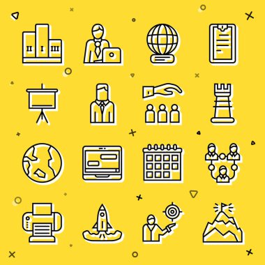 Set line Mountains with flag Project team base Business strategy Worldwide Worker Chalkboard Award over winner podium and Boss employee icon. Vector.