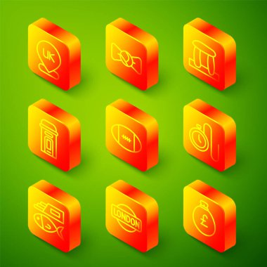 Set line Location England Bow tie Stonehenge London phone booth Rugby ball Watch with chain Fish chips and sign icon. Vector.