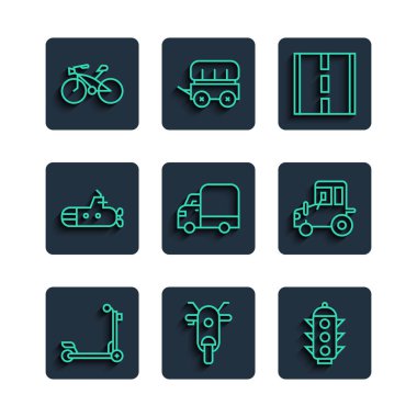 Set line Scooter Traffic light Road Delivery cargo truck Submarine Bicycle and Tractor icon. Vector.