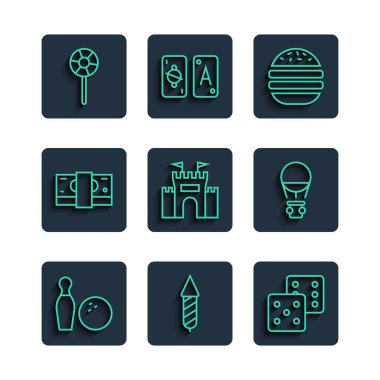 Set line Bowling pin and ball Firework rocket Game dice Burger Castle Stacks paper money cash Lollipop and Hot air balloon icon. Vector.
