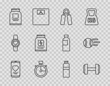 Set line Mobile with heart rate Dumbbell Sport expander Stopwatch Sports nutrition Fitness shaker and Tennis ball icon. Vector.