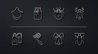 Set line Beekeeper hat Pressure sprayer Beetle deer Clothes moth Butterfly net Spider in jar Cockroach and icon. Vector.
