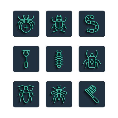 Set line Cockroach Mosquito Butterfly net Worm Centipede Fly swatter Spider and Beetle bug icon. Vector.