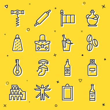 Set line Bottle of wine Perfume Coffee beans Flag Italy Handbag Grater Wine corkscrew and bucket icon. Vector.