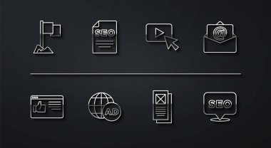 Set line Location marker Browser window Mail and e-mail Advertising SEO optimization and icon. Vector.