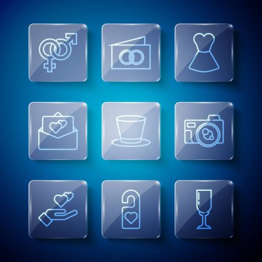 Set line Heart in hand Please do not disturb Glass of champagne Woman dress Cylinder hat Greeting card Gender and Photo camera icon. Vector.