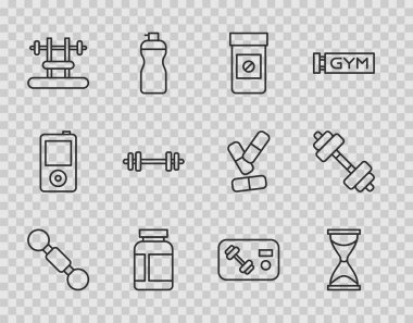 Set line Dumbbell Old hourglass Anabolic drugs Sports nutrition Bench with barbel Barbell Fitness club gym card and icon. Vector.