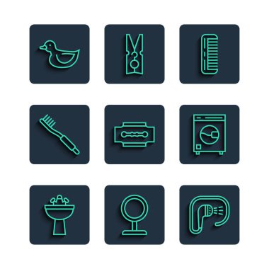 Set line Washbasin with water tap Round makeup mirror Shower Hairbrush Blade razor Toothbrush Rubber duck and Washer icon. Vector.