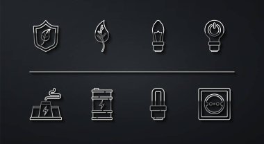 Set line Shield with leaf Power station plant factory Light bulb lightning LED Bio fuel barrel Leaf leaves Electrical outlet and icon. Vector.