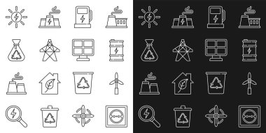 Set line Electrical outlet Wind turbine Bio fuel barrel car charging station tower Garbage bag with recycle Solar energy panel and icon. Vector.