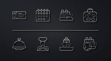 Set line Cruise ticket Covered with tray Suitcase ship Cook Calendar and icon. Vector.