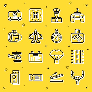 Set line Aircraft steering helm Airport runway Suitcase Pilot Jet fighter engine turbine Fuel tanker truck and Barometer icon. Vector.