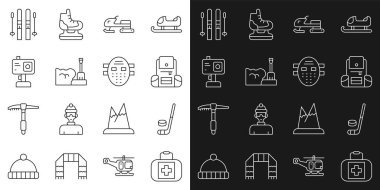Set line First aid kit Ice hockey stick and puck Hiking backpack Snowmobile Shovel snowdrift Action camera Ski sticks and Hockey mask icon. Vector.