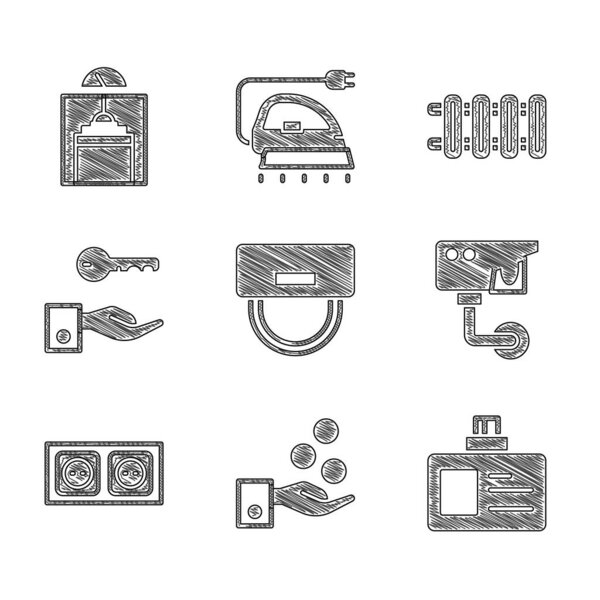 Набор Bellboy шляпу Оплата советы идентификационный знак Камера безопасности Электрическая розетка ключ замка отеля Отопление радиатор и значок лифта. Вектор.