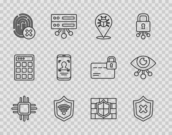 Set line Processor with microcircuits CPU Shield cross mark System bug WiFi wireless Cancelled fingerprint Mobile and face recognition brick wall and Eye scan icon. Vector.