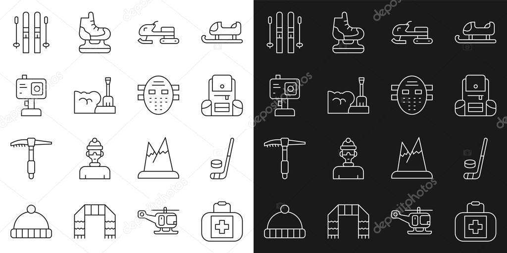 Set line First aid kit Ice hockey stick and puck Hiking backpack Snowmobile Shovel snowdrift Action camera Ski sticks and Hockey mask icon. Vector.