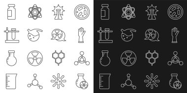 Set line Test tube radiation Molecule Medical rubber gloves Chemical explosion and flask stand and Radioactive icon. Vector.