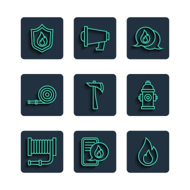 Set line Fire hose reel Phone with emergency call 911 flame Telephone Firefighter axe protection shield and hydrant icon. Vector.