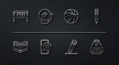 Set line Pendulum Open book Marker Pencil with eraser Graduation cap on mobile Ringing alarm bell School backpack and Basketball ball icon. Vector.