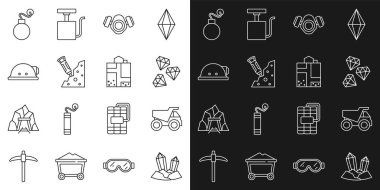 Set line Gem stone Mining dump truck Gas mask Construction jackhammer Miner helmet Bomb and entrance icon. Vector.