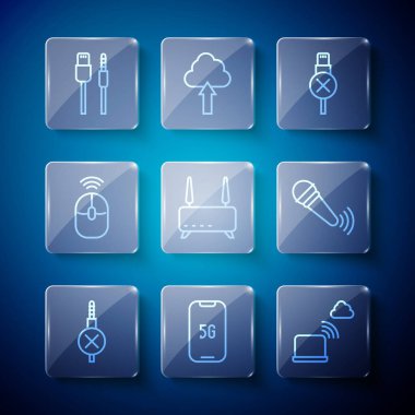 Set line No audio jack Mobile with 5G Network cloud connection usb cable cord Router and wi-fi signal Wireless computer mouse USB and microphone icon. Vector.