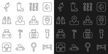 Set line Bed Flashlight Location for camping Grilled shish kebab skewer Binoculars Marshmallow stick and Tourist tent icon. Vector.