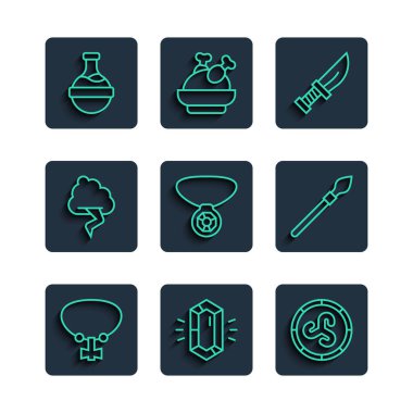 Set line Necklace with gem Gem stone Shield viking Dagger Cloud and lightning Bottle potion and Medieval spear icon. Vector.