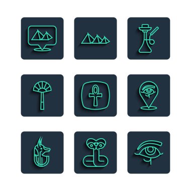Set line Egyptian anubis Snake Eye of Horus Hookah Cross ankh fan pyramids and icon. Vector.