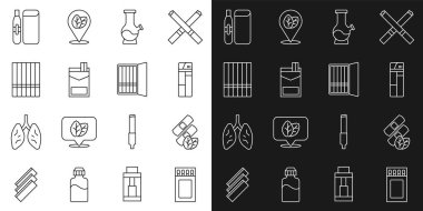 Set line Matchbox and matches Medical nicotine patches Lighter Bong Cigarettes pack Electronic cigarette and case icon. Vector.