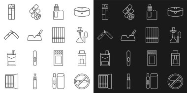 Set line No smoking Vape mod device Hookah Ashtray with cigarette Broken Lighter and Cigarette icon. Vector.