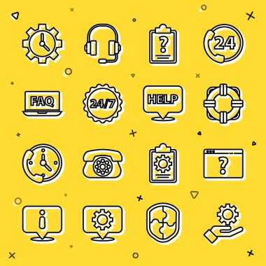 Set line Settings in the hand Browser with question mark Lifebuoy Clipboard marks Clock 24 hours Laptop FAQ Time Management and Speech bubble text Help icon. Vector.