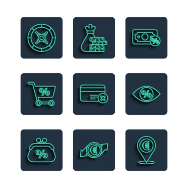 Set line Purse money percent Financial growth and euro coin Cash location Money Credit card remove Shopping cart Safe and Eye with icon. Vector.