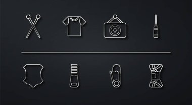 Set line Knitting needles Leather Awl tool Safety pin Zipper T-shirt Yarn and Tailor shop icon. Vector.