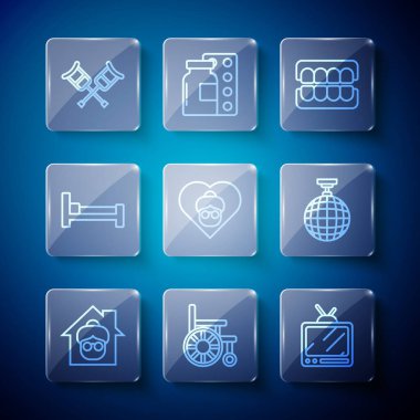 Set line Nursing home Wheelchair Retro tv False jaw Grandmother Bed Crutch or crutches and Disco ball icon. Vector.