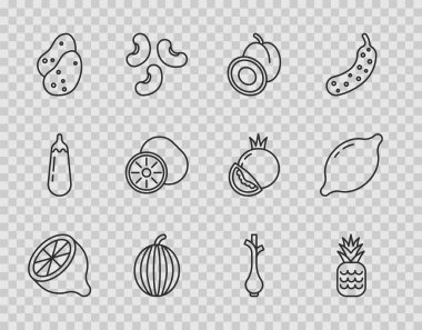 Set line Lemon Pineapple Plum fruit Watermelon Potato Kiwi Fresh green onions and icon. Vector.