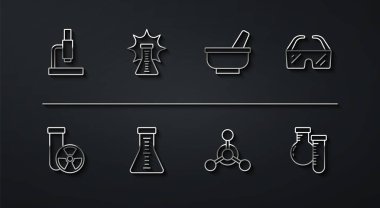 Set line Microscope Test tube radiation Safety goggle glasses Molecule and flask Chemical explosion and Mortar pestle icon. Vector.