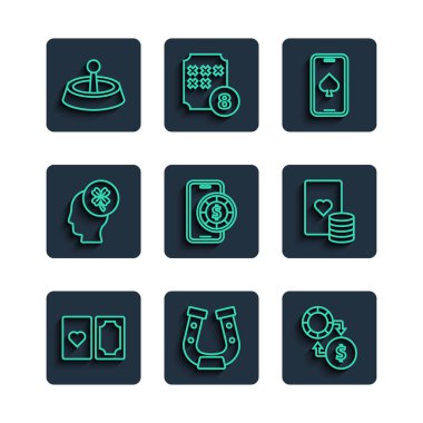 Set line Deck of playing cards Horseshoe Casino chips exchange on money Online poker table game slot machine with clover roulette wheel and and icon. Vector.