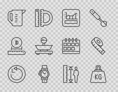 Set line Radius Weight Graph schedule chart diagram Wrist watch Measuring cup Scales height body and tape icon. Vector.
