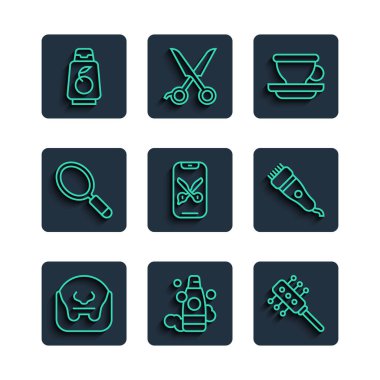 Set line Mustache and beard Bottle of shampoo Hairbrush Coffee cup Barber online service or platform Hand mirror and Electrical hair clipper icon. Vector.