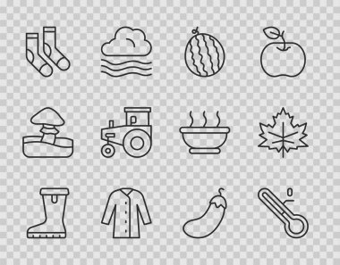 Set line Waterproof rubber boot Meteorology thermometer Watermelon Raincoat Socks Tractor Eggplant and Leaf leaves icon. Vector.